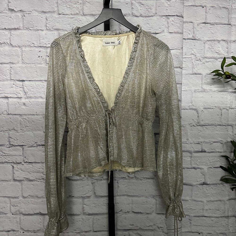 Metallic Silver Long-Sleeve Ruffle Tie-Front Blouse